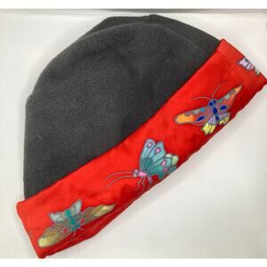 Invisible World Silk Lined Butterfly Black/Red Fleece Hat Womens M Natural Hair